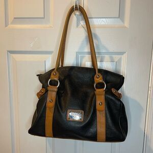 Valentina leather Black shoulder bag tan leather straps silver tone hardwares